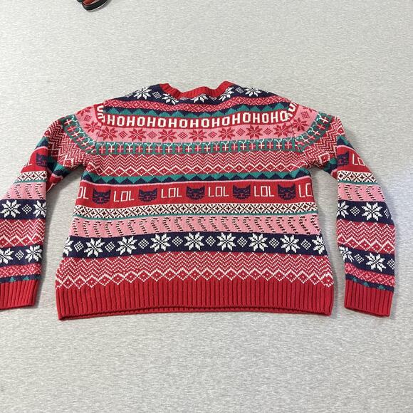 H&M Ugly Christmas Sweater Womens Small Red Pink Fair Isle HoHoHo Cat - Picture 4 of 10